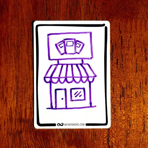 An InfiniTokens dry erase token with a Local Game Store/LGS drawn on it.