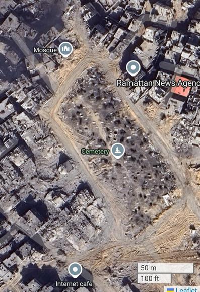 north gaza #satellitemaps screenshot of devastating destruction and vandalism of graves in a cemetary
