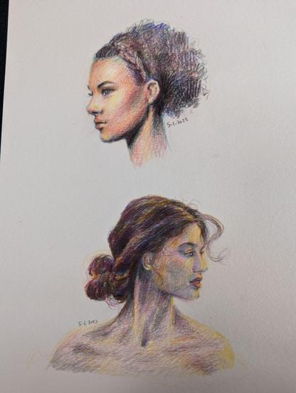 Sketchbook page with drawings of two women with colored pencil. The top is an African American woman with her hair pulled up and she is looking to our left. The bottom drawing is of a woman looking to our right. Her hair is pulled back snd the drawing shows her shoulders and collarbone. The date 5/6/2023 is on the bottom woman's left shoulder. The date 5/1/2023 is written below the hair of the woman at the top.