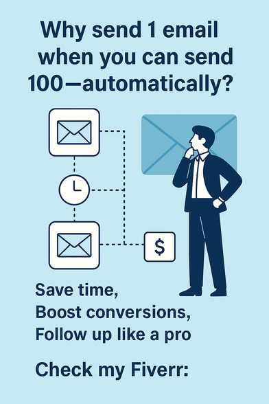 A clean digital graphic showing a business person standing in front of a flowchart representing automated emails being triggered one after the other, with icons for email, time, and conversion.