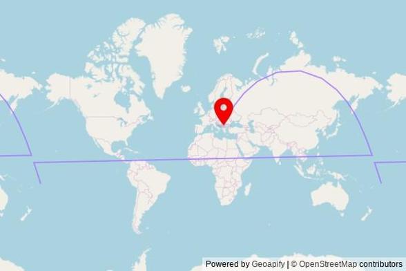 A map showing the great circle route from Pesega in Samoa to a map pin at Цркве Пресвете Богородице, Косовке девојке, 18430 Kursumlija Municipality, Serbia