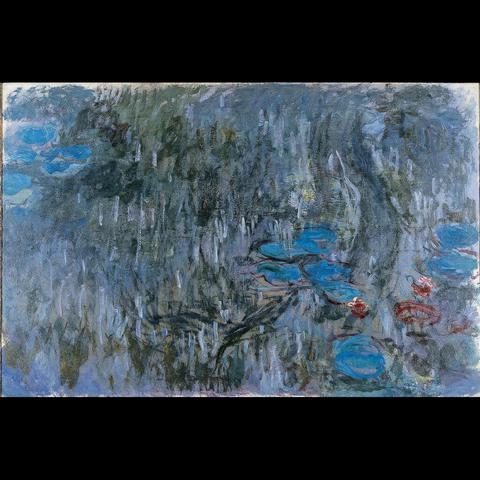 The artwork is an impressionist landscape featuring a serene pond scene. It depicts a water lily pad on the surface of the pond, surrounded by various shades of blue and green hues that suggest the natural environment. The brushstrokes are loose, with visible texture, which is characteristic of Monet’s style. This painting belongs to the “Water Lilies“ series, showcasing Monet’s interest in capturing light and its reflections on water.