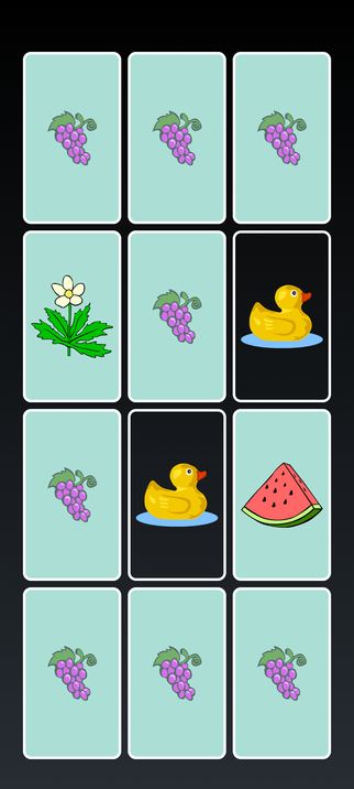 A grid of 12 cards, consisting of (shuffled) two images of identical rubber ducks on black cards, one image of a flower on a blue card, one image of a watermelon on a blue card, and the other 8 all smaller grapes on the same skyblue color.