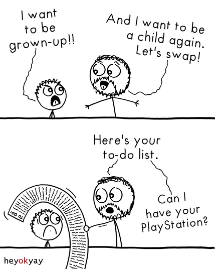 Comic.
Panel 1:
The boy, looking frustrated, says, "I want to be grown-up!!"
The man responds eagerly, "And I want to be a child again. Let's swap!"

Panel 2:
The man hands the boy a massive, curled-up piece of paper labeled "to do," saying, "Here's your to-do list."
The boy looks overwhelmed and wide-eyed.
Meanwhile, the man asks, "Can I have your PlayStation?"