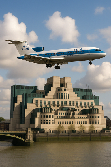 Hawker Siddeley Trident in KLM livery flying over MI6 HQ