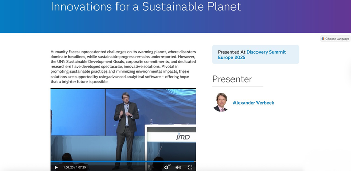 Screenshot of JMP website with photo of me delivering the keynote
