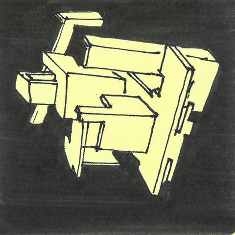 Origine of symétrie #1. Structure architecturales dessinée. Traits noirs sur fond jaune avec contours noirs.