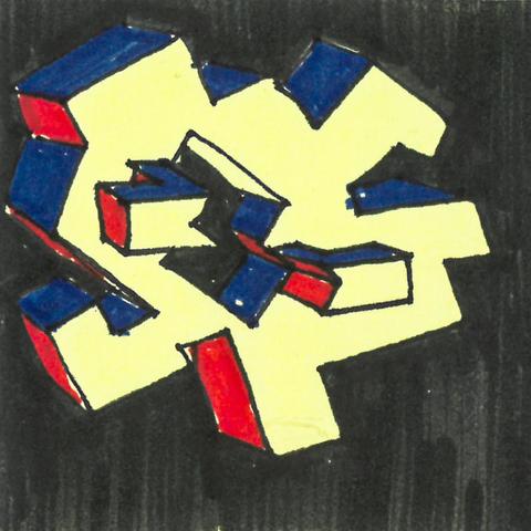 Origine of symétrie #2. Structure architecturale dessinée. Traits noirs, appâts bleu rouge et noir sur fond jaune.