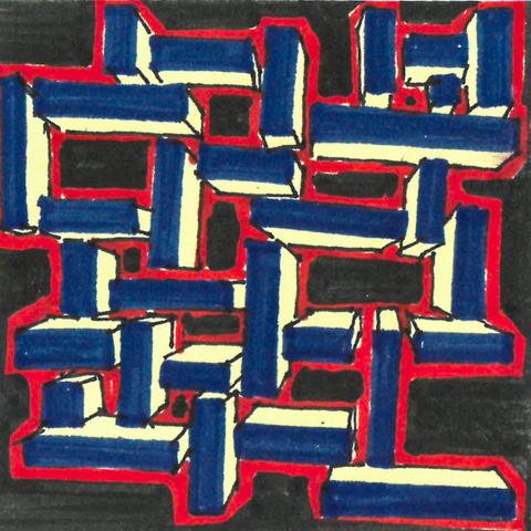 Origine of symétrie #3. Labyrinthe de parallélépipède rectangles vu de dessus. Traits noirs et appelés noir, rouge et bleu sur fond jaune.