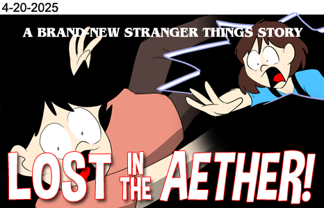 Splash image for the Stranger Things comic "Lost In The Aether." Mike is falling towards the viewer while El reaches for him from above and looks in horror.