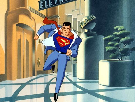 Image from Superman the animated series where we see Clark leaving the Daily Planet running, while changing into Superman.