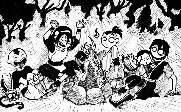 ilustración tradicional en tinta y papel de los protagonistas de la serie Avatar