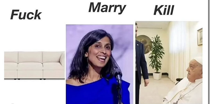 3 image collage. From left to right, there is a couch, labeled "Fuck", a picture of Usha Vance labeled "Marry" and a picture of the Pope with JD Vance labeled "Kill"