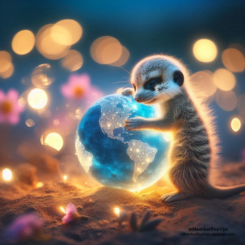 画像には、砂のような地面に立つ可愛らしい赤ちゃんミーアキャットが写っています。ミーアキャットは、青く光る地球儀のような球体を両手で抱きしめています。地球儀の表面には、まるで夜景のように見える光の点が散りばめられています。背景はぼやけており、丸い光の玉やピンク色の花のようなものが幻想的な雰囲気を醸し出しています。全体的に、温かく、夢のような、そして少し神秘的な印象を与える画像です。これはAI生成画像です。
The image shows an adorable baby meerkat standing on a sandy ground. The meerkat is tenderly embracing a glowing blue sphere that resembles a globe with both of its paws. The surface of the globe is dotted with points of light, appearing like city lights at night. The background is blurred, featuring round bokeh lights and what appear to be pink flowers, creating a whimsical atmosphere. Overall, the image has a warm, dreamlike, and slightly mystical feel. This is an AI-generated image.