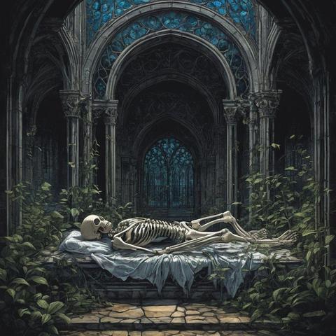 Model: RealVisXL V4.0
(graphic novel, matte brushstroke illustration) a skeleton peacefully sleeping in a an ornate ethereal overgrown gothic labyrinth tomb with stained glass