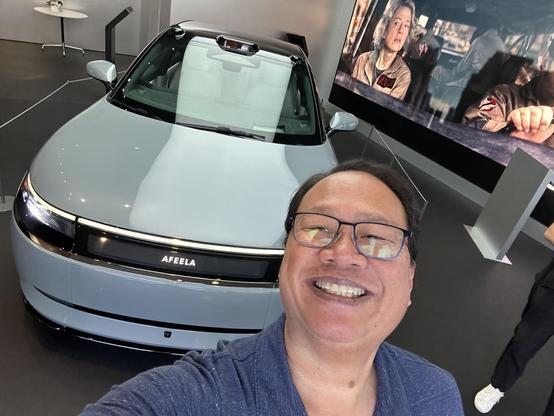 Selfie with a grey Afeela 1 demo at the Century City store.