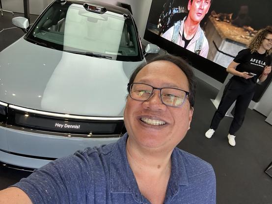Selfie with a grey Afeela 1 demo at the Century City store.