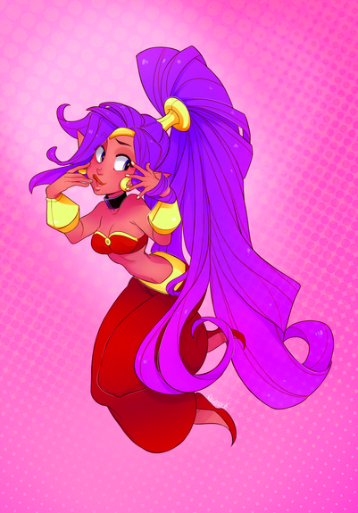 The main character, Shantae, from the Wayforward video game series Shantae: The Half Genie Hero. She's floating in the air with her hands spread out across her face in a cute way