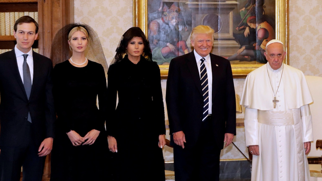 A foto of (left to right) Jared Kushner, Ivanka Trump, Melanie Trump, President Trump (all dressed as attending a funeral) and Pope Francis meeting in May 2017 in the Vatican. 