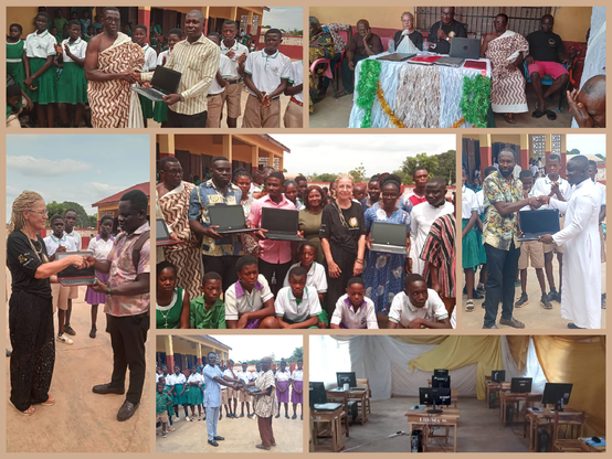 Collage aus Fotos, die die Übergabe von Laptopspenden vor einem Schulgebäude zeigen. Wechselnde Personen halten Laptops zwischen sich. Auf einem Tisch sind Laptops gestapelt. Eine Gruppe Schüler und Schülerinnen halten Laptops in den Händen und schauen glücklich in die Kamera. In einem Schulraum stehen gezimmerte Holzpulte und Stühle.