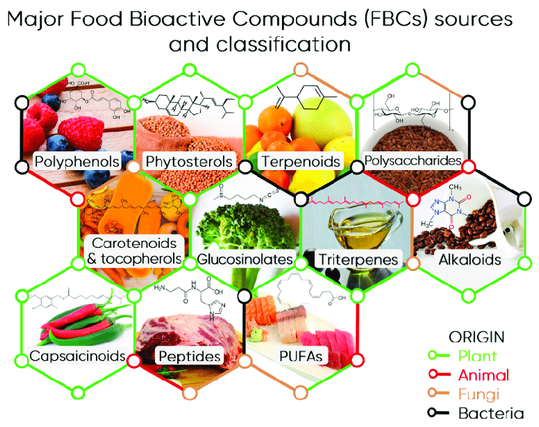 Major Food Bioactive Compounds (FBCs) sources and classification. An illustrative example of a source and compound is indicated for each class: polyphenols (chlorogenic acids in blueberry and raspberry fruits), phytosterols (stigmasterol in soybean), terpenoids (limonene in citrus fruits), polysaccharides (cellulose in flax seeds), carotenoids & tocopherols (β-carotene/vitamin A), glucosinolates (sulforaphane in broccoli), triterpenes (squalene from olive oil), alkaloids (caffeine in coffee beans), capsaicinoids (capsaicin in peppers), bioactive peptides (carnosine in red meat), and PUFAs (polyunsaturated fatty acids, docosahexaenoic acid-DHA, in different fishes).