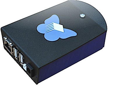 The photo shows an example of a Freedombox from Olimex.

The black housing shows the FreeodomBox logo with a blue butterfly and a white cube inside. There are various connections for peripherals etc. on the outside of the housing.

