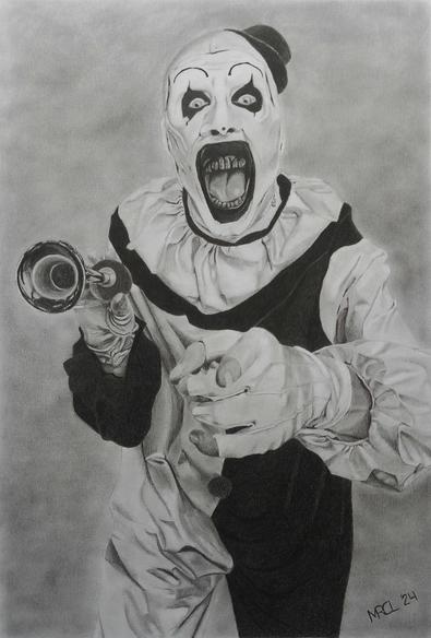 Portret van Art the clown (Terrifier), getekend met grafietpotloden.