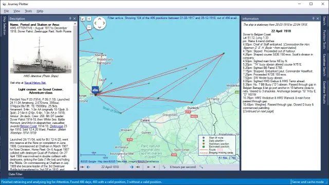 Screenshot of Journey Plotter showing the 1917-1918 journey of HMS Attentive, and the events recorded in her log-book for 22 April 1918.