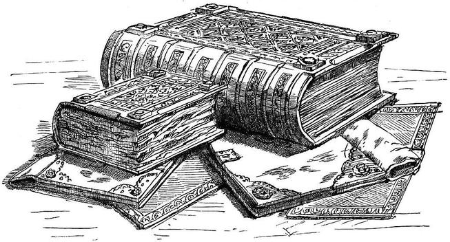 The Domesday Book from Andrews, William: “Historic Byways and Highways of Old England” (1900)

https://en.wikipedia.org/wiki/Domesday_Book#/media/File:Domesday-book-1804x972.jpg

The image shows two large, elaborately bound volumes stacked atop each other, their thick covers adorned with ornate patterns and metalwork. One book lies closed while the other is partly open, emphasizing the substantial, weighty quality of these historical records.

The craftsmanship of the bindings, featuring corner bosses and embossed designs, suggests the books’ immense value and official status. Beneath them rest richly decorated document folders and an unrolled parchment scroll, reinforcing the archival and administrative theme of the image.