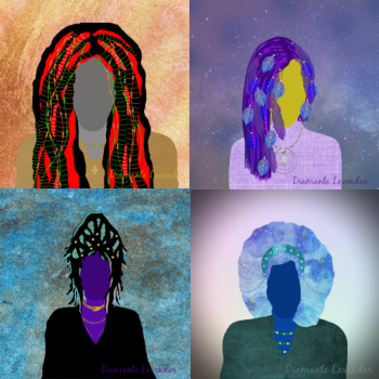 Portraits of people with unique, colorful hairstyles in green, blue, purple, red, and black colors.