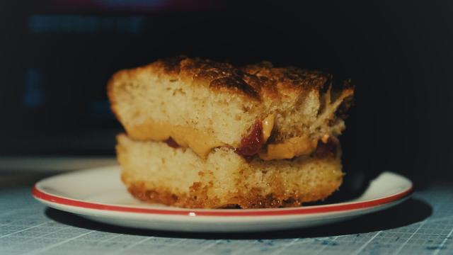 PB&J sandwich made with focaccia bread.