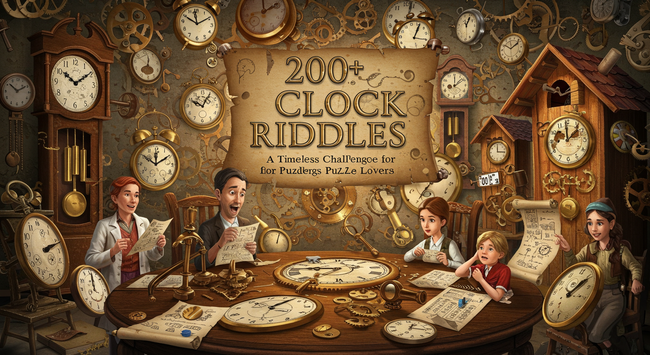 children solving clock riddles and many clocks are present around them