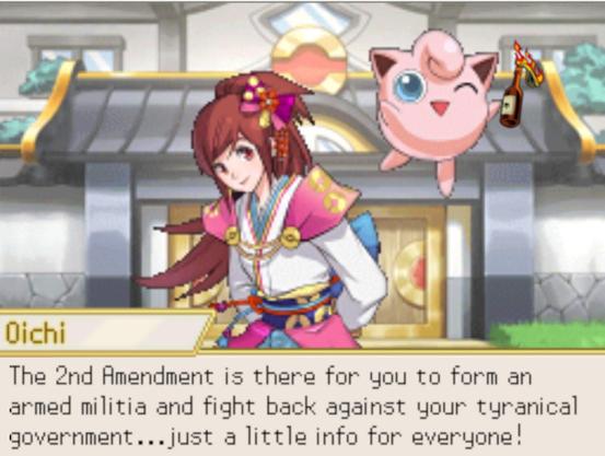 Image shows Pokemon Conquest characters, Oichi and her Jigglypuff (holding a molotov) the dialogue box says "The 2nd Amendment is there for you to form an armed militia and fight back against your tyrannical government...just a little info for everyone!"