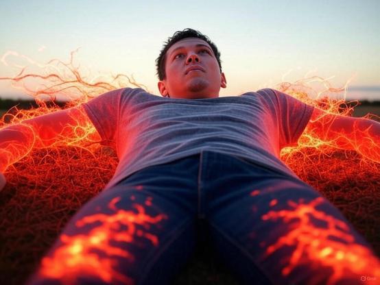 A person lies on their back in an outdoor setting during sunset, with a sky transitioning from light to dark blue. They are wearing a gray t-shirt and blue jeans. Surrounding their body is a vibrant, fiery red-orange aura with intricate, glowing patterns resembling energy or electricity, creating a dynamic and surreal effect against the natural background. AI image generated with Grok.