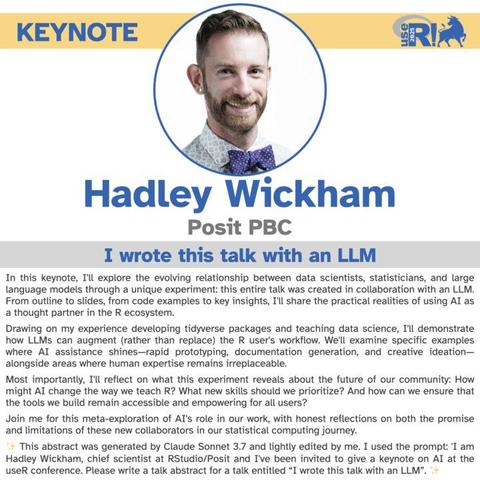 Headshot of Hadley Wickham chief scientist at POSIT, keynote speaker for useR! 2025, features a white background, useR! logo, and text about his talk.