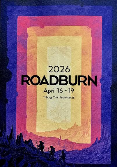 A colorful flyer/ticket for the 2026 Roadburn Festival, featuring bold layered colors in shades of blue, purple, red, orange, and yellow, creating a surreal landscape. Silhouetted figures hike through a fantastical mountainous terrain at the bottom. The text reads: "2026 ROADBURN, April 16 - 19, Tilburg, The Netherlands."
