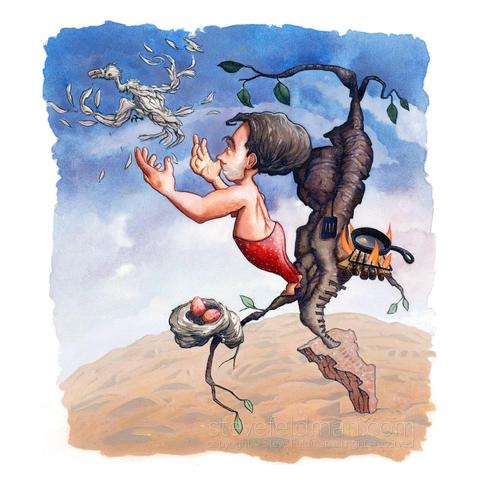 My watercolor painting titled "Multiple Use" features a man in pajama bottoms standing on a tree branch jutting from a gnarly trunk that sits atop an impossibly tall rock cliff surrounded by a barren landscape. The man is evicting a scraggly bird from its nest containing two eggs while a frying pan heating on a wood fire portends the eggs apparent fate.