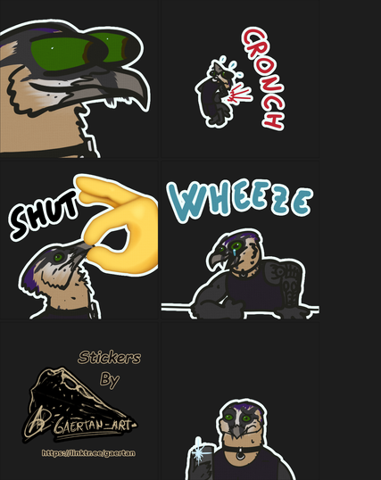 collage of several stickers featuring an anthropomorphic bearded vulture with their top of the head dyed violet, wearing a choker, and with a black tanktop. They show the "AWOOGA" meme, "SHUT(bird)" meme, "WHEEZE" meme, and then taking a picture with a funny face, and a simplistic/chibi funny version cracking their back , CRONCH can be read in big letters.