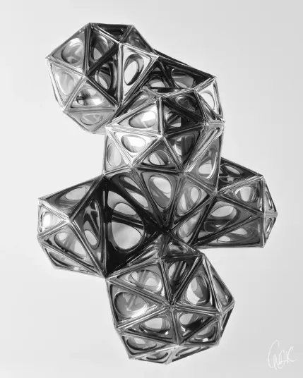 "Abstract 3D geometric sculpture composed of metallic, hollow tetrahedral forms interconnected in a twisting structure. Rendered in black and white with high contrast and subtle reflections."