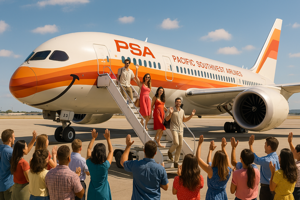 PSA B787 with the iconic smile on the nose livery, parked with influencers leaving the plane via a ramp