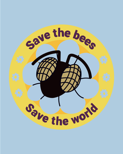 Sobre un fondo azul claro, aparece un diseño circular que dice "Save the bees, save the world" (Salva a las abejas, salva al mundo) arriba y abajo. A los laterales (todo en el interior del círculo amarillo) hay 3 flores de petálos azules y en el centro, en otro círculo naranja, la cabeza de una abeja asomando sobre una flor azul.