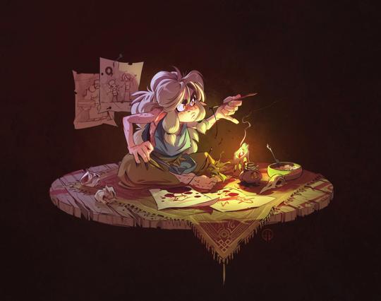 Dal glares at her broken pen as it leaks ink over her unfinished drawing of a suneater. Several crumpled and discarded previous drawings are strewn about.