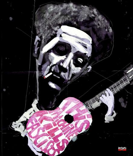 Woody Guthrie mit Gitarre, welche den Aufdruck „This machine kills fascists“ trägt. Woodie war ein linker Songwriter. Sein wohl bekanntestes Lied war „This Land Is Your Land".