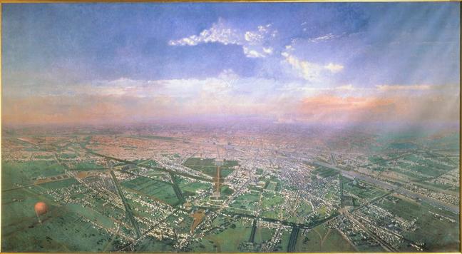 Victor Navlet, Vue générale de Paris, prise de l’Observatoire, en ballon

Ce tableau montre qu’en 1855, la capitale est encore entourée de campagne, mais s’étend, comme toutes les grandes villes européennes. La minéralisation des espaces, l’artificialisation des sols – avec le béton, l’asphalte et le goudron – sont la cause des îlots de chaleur urbains, où les températures dépassent celles de la périphérie. Aujourd’hui [2025], les villes consomment 70 % de l’énergie mondiale et émettent autant de gaz à effet de serre.

source : musee-orsay.fr