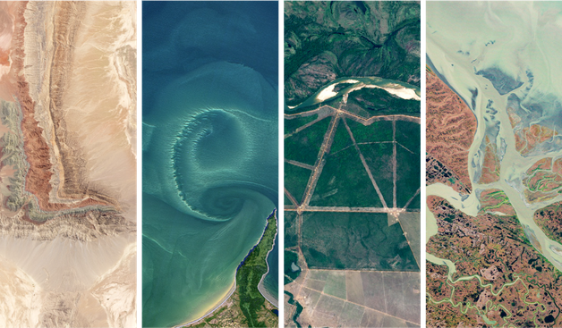 Four satelleite images with features that resemble letters spelling the name Lena. Created with https://landsat.gsfc.nasa.gov/apps/YourNameInLandsat-main/