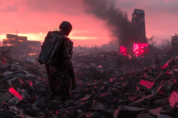 A cyberhuman robot, with glowing neon circuits and a sleek metallic frame, walks through a desolate, futuristic city in ruins. Crumbling skyscrapers and scattered debris lie under a dark, smog-filled sky, illuminated by faint holographic lights, evoking an apocalyptic cyberpunk world.
