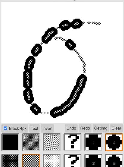 a view of very clunky drawing software UI. a white square canvas is above and some fill pattern and brush size buttons are below.