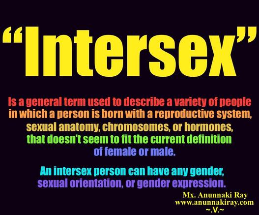 Ranbow graphic on black reading: 

"Intersey"
Is a general term used to describe a variety of people in which a person is born with a reproductive system, sexual anatomy, chromosomes, or hormones, that doesn't seem to fit the current definition of female or male.
An intersex person can have any gender, sexual orientation, or gender expression.
Mx. Anunnaki Ray
www.anunnakiray.com
-.V.~"