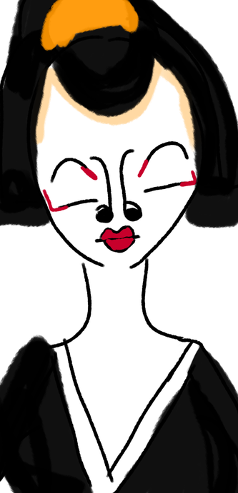 Geisha woman smiling, eyes closed, and her neck slightly turned