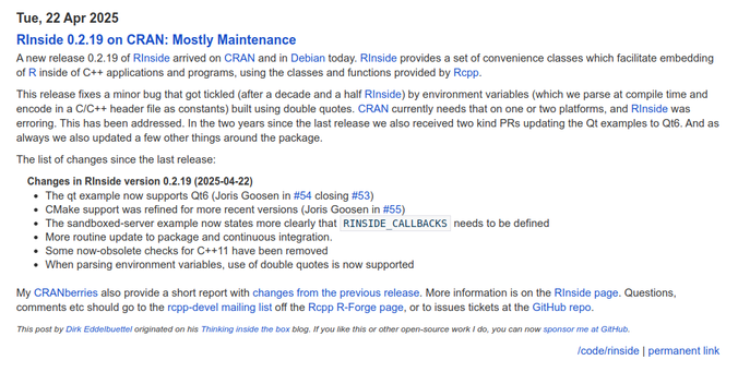 Screenshot of blog post at https://dirk.eddelbuettel.com/blog/2025/04/22#rinside_0.2.19 describing release 0.2.19 of CRAN package RInside